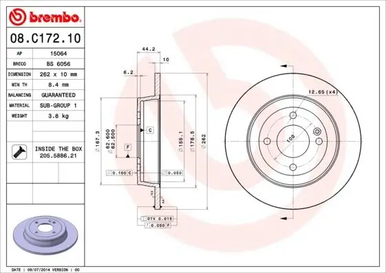 Bremsscheibe Hinterachse BREMBO 08.C172.10