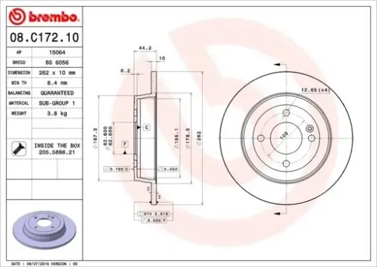 Bremsscheibe Hinterachse BREMBO 08.C172.10 Bild Bremsscheibe Hinterachse BREMBO 08.C172.10