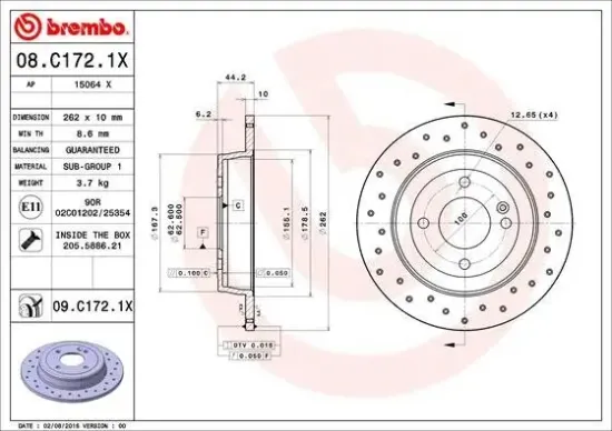 Bremsscheibe Hinterachse BREMBO 08.C172.1X Bild Bremsscheibe Hinterachse BREMBO 08.C172.1X