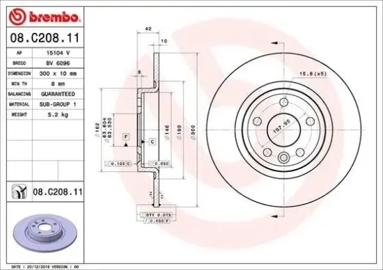 Bremsscheibe Hinterachse BREMBO 08.C208.11 Bild Bremsscheibe Hinterachse BREMBO 08.C208.11