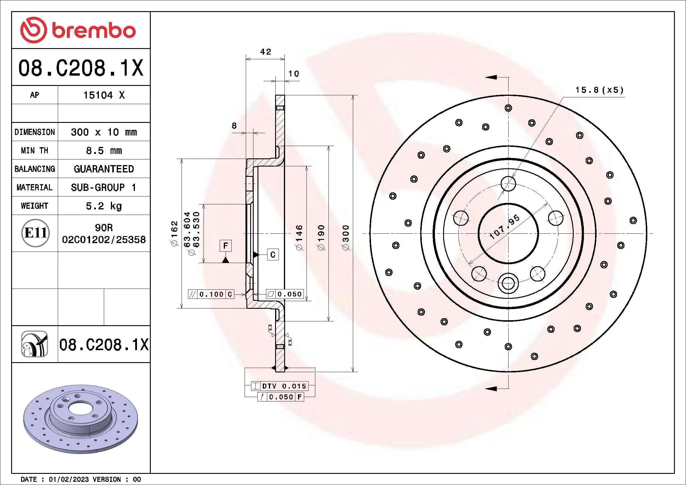 Bremsscheibe Hinterachse BREMBO 08.C208.1X