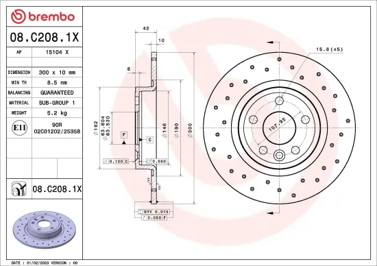 Bremsscheibe Hinterachse BREMBO 08.C208.1X Bild Bremsscheibe Hinterachse BREMBO 08.C208.1X