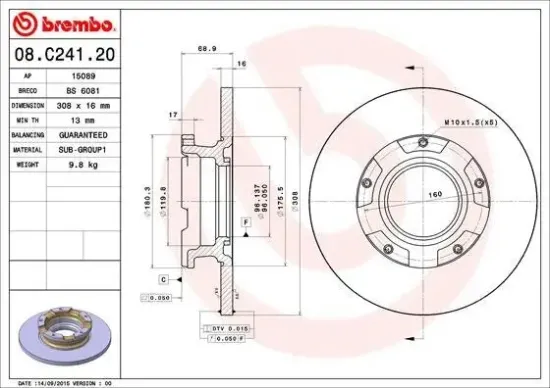 Bremsscheibe Hinterachse BREMBO 08.C241.20 Bild Bremsscheibe Hinterachse BREMBO 08.C241.20