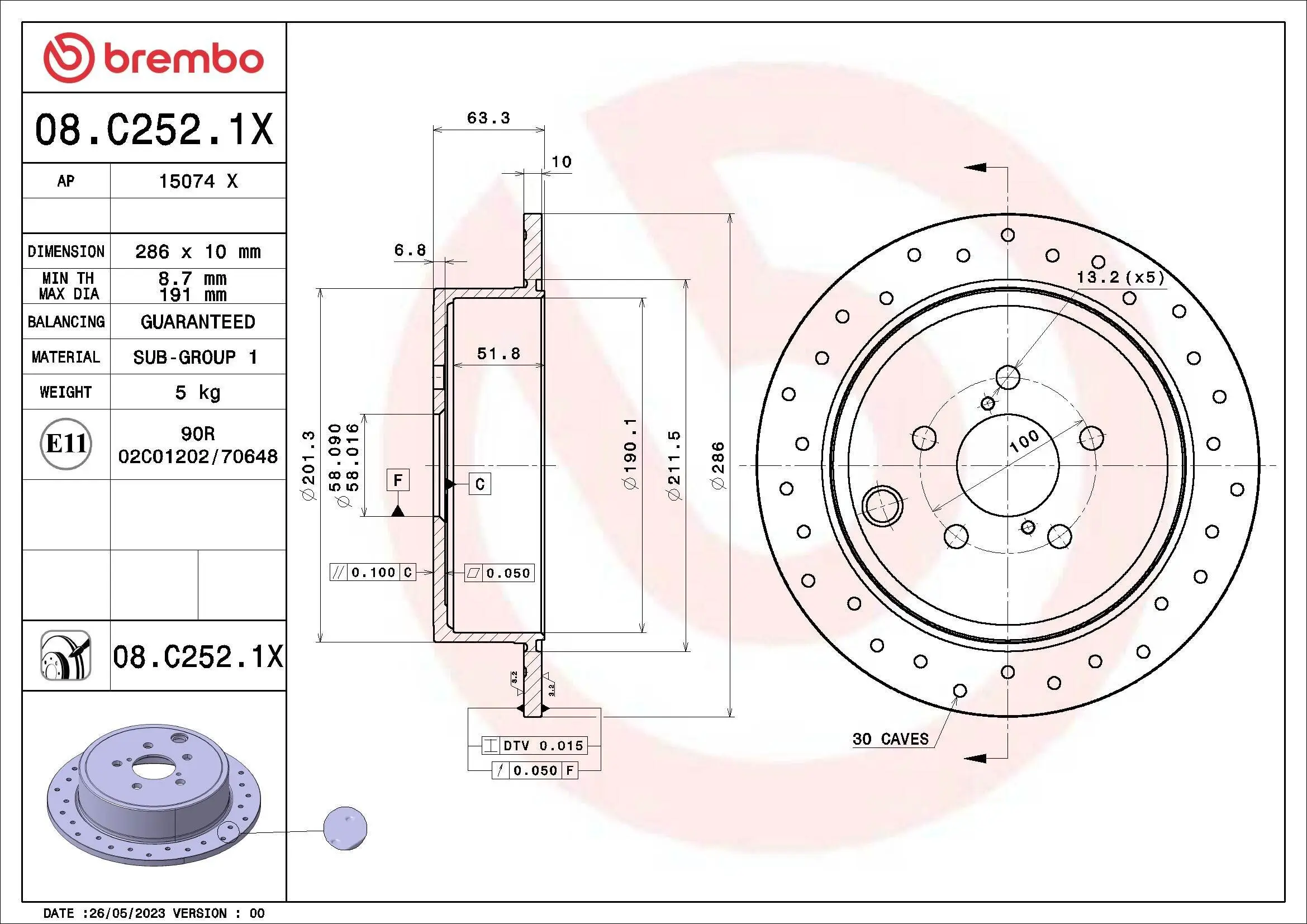 Bremsscheibe Hinterachse BREMBO 08.C252.1X