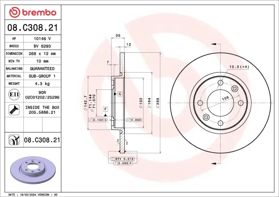 Bremsscheibe Hinterachse BREMBO 08.C308.21 Bild Bremsscheibe Hinterachse BREMBO 08.C308.21