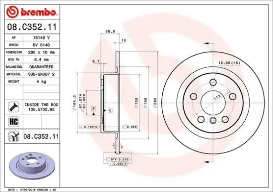 Bremsscheibe Hinterachse BREMBO 08.C352.11 Bild Bremsscheibe Hinterachse BREMBO 08.C352.11