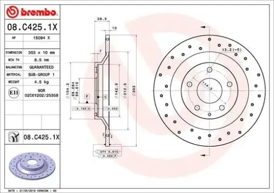Bremsscheibe Hinterachse BREMBO 08.C425.1X Bild Bremsscheibe Hinterachse BREMBO 08.C425.1X