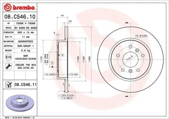 Bremsscheibe Hinterachse BREMBO 08.C546.11 Bild Bremsscheibe Hinterachse BREMBO 08.C546.11