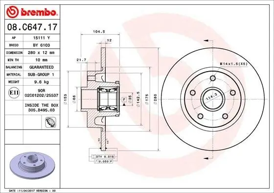 Bremsscheibe Hinterachse BREMBO 08.C647.17