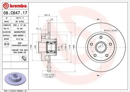 Bremsscheibe Hinterachse BREMBO 08.C647.17 Bild Bremsscheibe Hinterachse BREMBO 08.C647.17