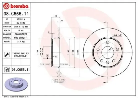 Bremsscheibe Hinterachse BREMBO 08.C656.11 Bild Bremsscheibe Hinterachse BREMBO 08.C656.11