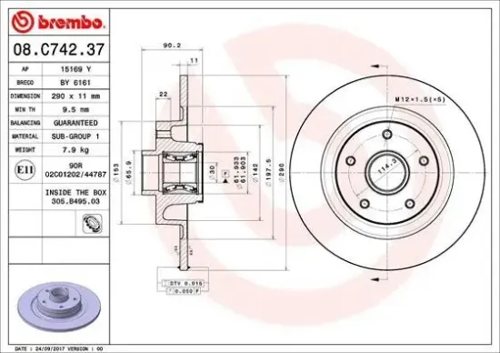 Bremsscheibe Hinterachse BREMBO 08.C742.37 Bild Bremsscheibe Hinterachse BREMBO 08.C742.37