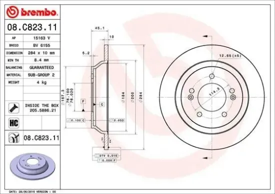 Bremsscheibe Hinterachse BREMBO 08.C823.11 Bild Bremsscheibe Hinterachse BREMBO 08.C823.11
