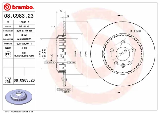 Bremsscheibe Hinterachse BREMBO 08.C983.23 Bild Bremsscheibe Hinterachse BREMBO 08.C983.23