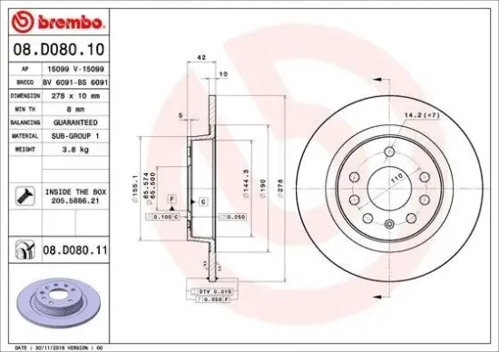 Bremsscheibe Hinterachse BREMBO 08.D080.11 Bild Bremsscheibe Hinterachse BREMBO 08.D080.11