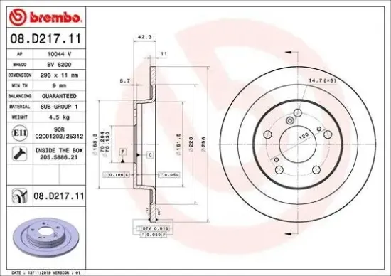 Bremsscheibe Hinterachse BREMBO 08.D217.11 Bild Bremsscheibe Hinterachse BREMBO 08.D217.11