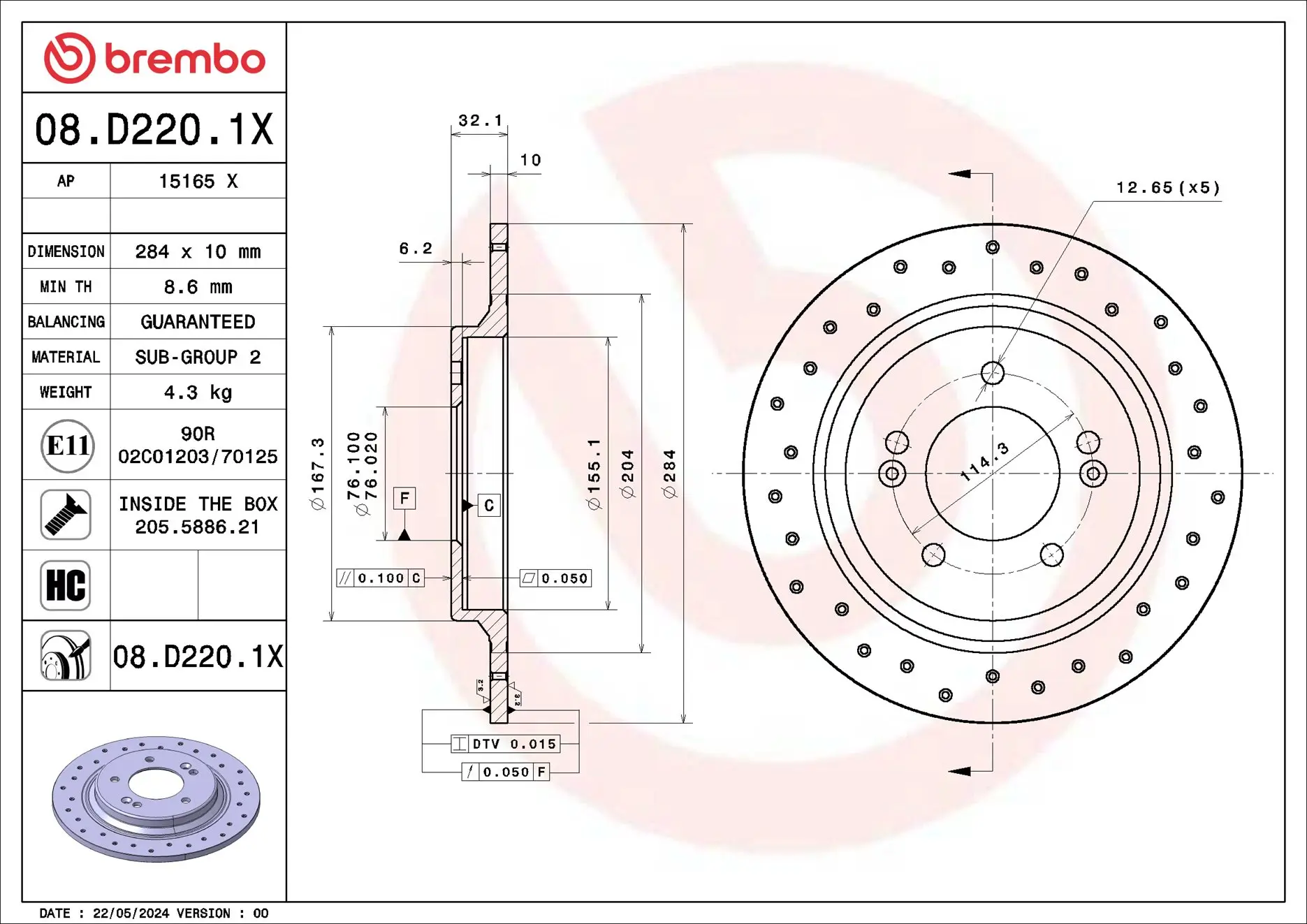 Bremsscheibe Hinterachse BREMBO 08.D220.1X