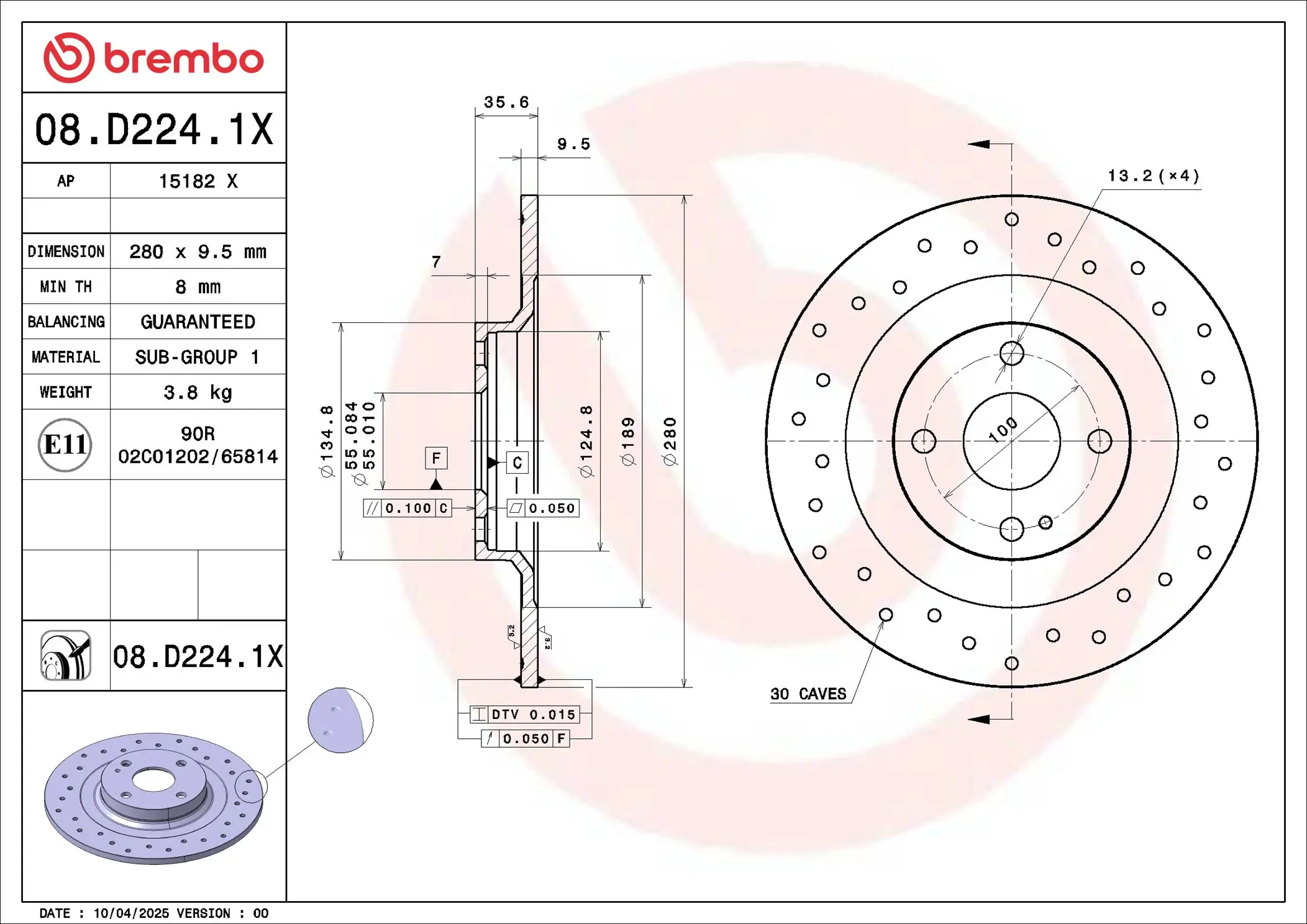 Bremsscheibe Hinterachse BREMBO 08.D224.1X