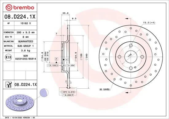 Bremsscheibe Hinterachse BREMBO 08.D224.1X Bild Bremsscheibe Hinterachse BREMBO 08.D224.1X