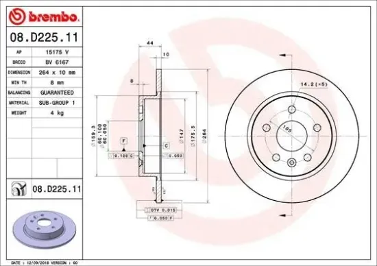 Bremsscheibe Hinterachse BREMBO 08.D225.11 Bild Bremsscheibe Hinterachse BREMBO 08.D225.11