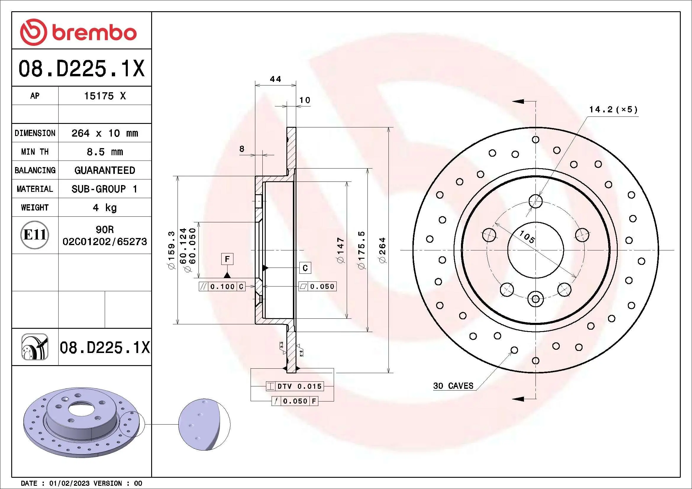 Bremsscheibe Hinterachse BREMBO 08.D225.1X