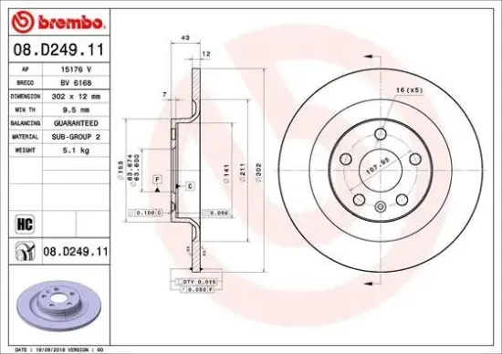 Bremsscheibe Hinterachse BREMBO 08.D249.11 Bild Bremsscheibe Hinterachse BREMBO 08.D249.11