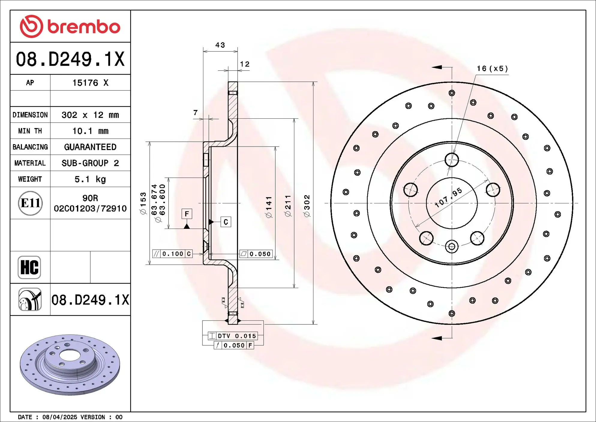 Bremsscheibe Hinterachse BREMBO 08.D249.1X