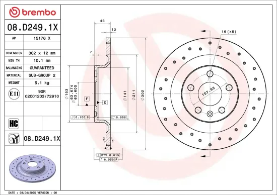 Bremsscheibe Hinterachse BREMBO 08.D249.1X Bild Bremsscheibe Hinterachse BREMBO 08.D249.1X
