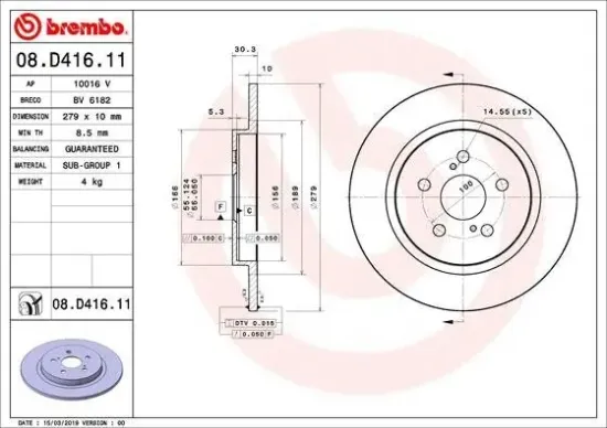 Bremsscheibe Hinterachse BREMBO 08.D416.11 Bild Bremsscheibe Hinterachse BREMBO 08.D416.11