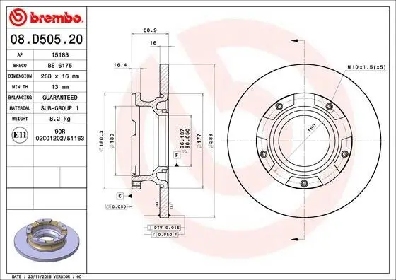 Bremsscheibe Hinterachse BREMBO 08.D505.20