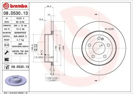 Bremsscheibe Hinterachse BREMBO 08.D530.13 Bild Bremsscheibe Hinterachse BREMBO 08.D530.13
