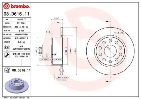 Bremsscheibe Hinterachse BREMBO 08.D616.11 Bild Bremsscheibe Hinterachse BREMBO 08.D616.11