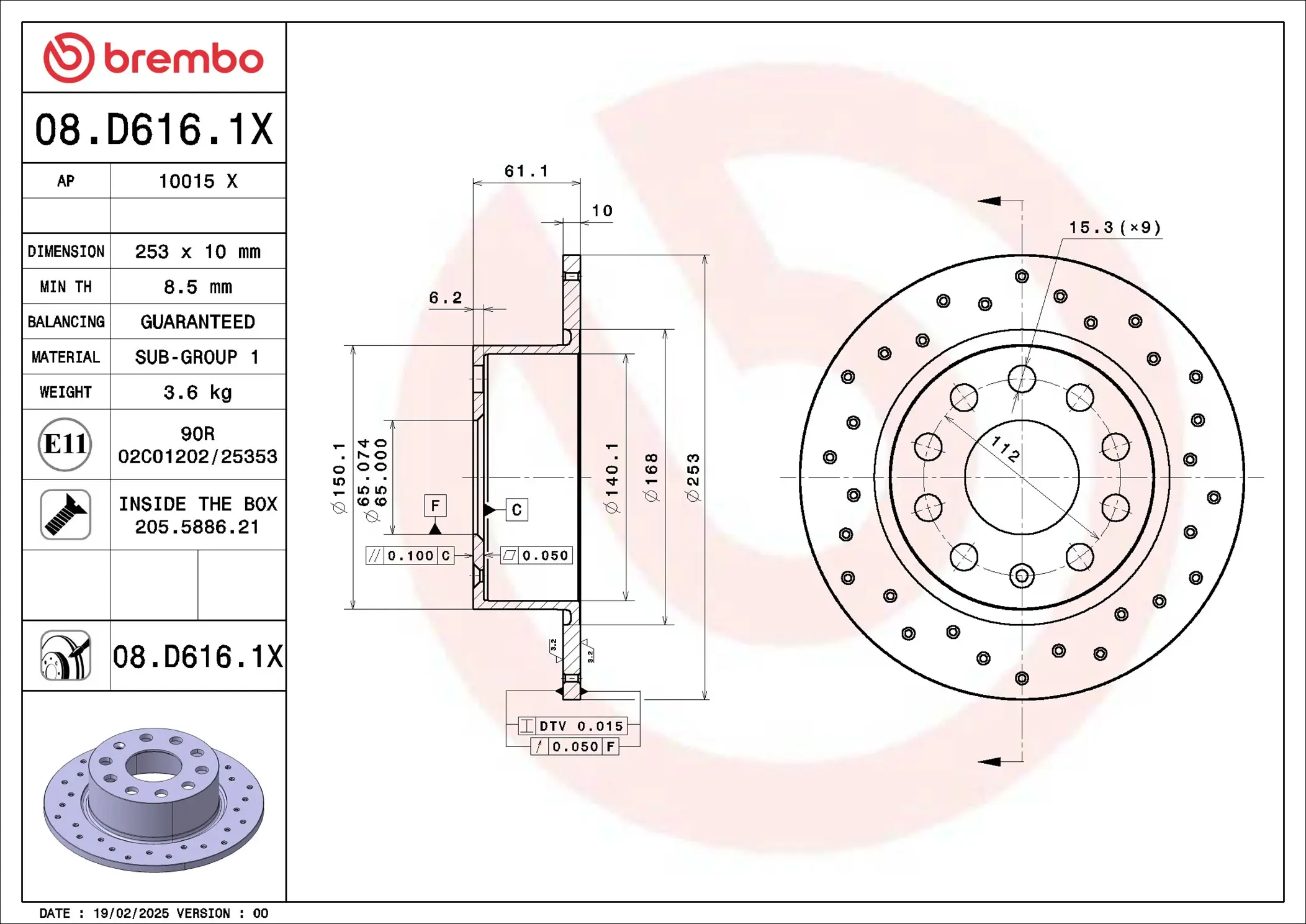 Bremsscheibe Hinterachse BREMBO 08.D616.1X