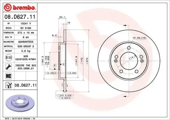 Bremsscheibe Hinterachse BREMBO 08.D627.11 Bild Bremsscheibe Hinterachse BREMBO 08.D627.11