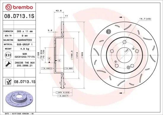 Bremsscheibe Hinterachse BREMBO 08.D713.1S Bild Bremsscheibe Hinterachse BREMBO 08.D713.1S