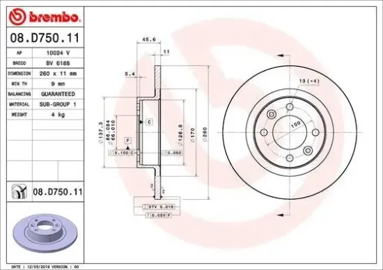 Bremsscheibe Hinterachse BREMBO 08.D750.11 Bild Bremsscheibe Hinterachse BREMBO 08.D750.11