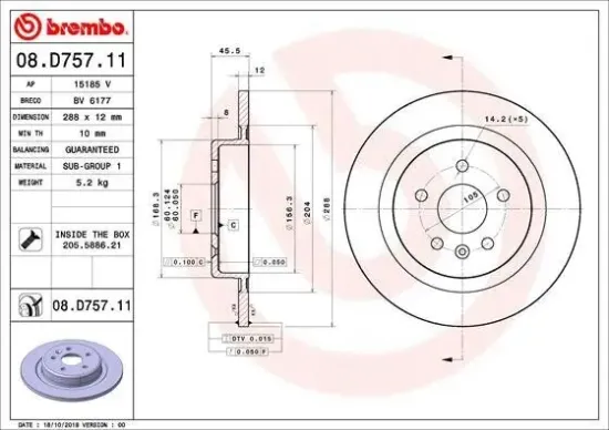 Bremsscheibe Hinterachse BREMBO 08.D757.11 Bild Bremsscheibe Hinterachse BREMBO 08.D757.11