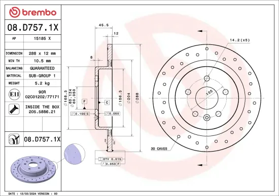 Bremsscheibe Hinterachse BREMBO 08.D757.1X Bild Bremsscheibe Hinterachse BREMBO 08.D757.1X