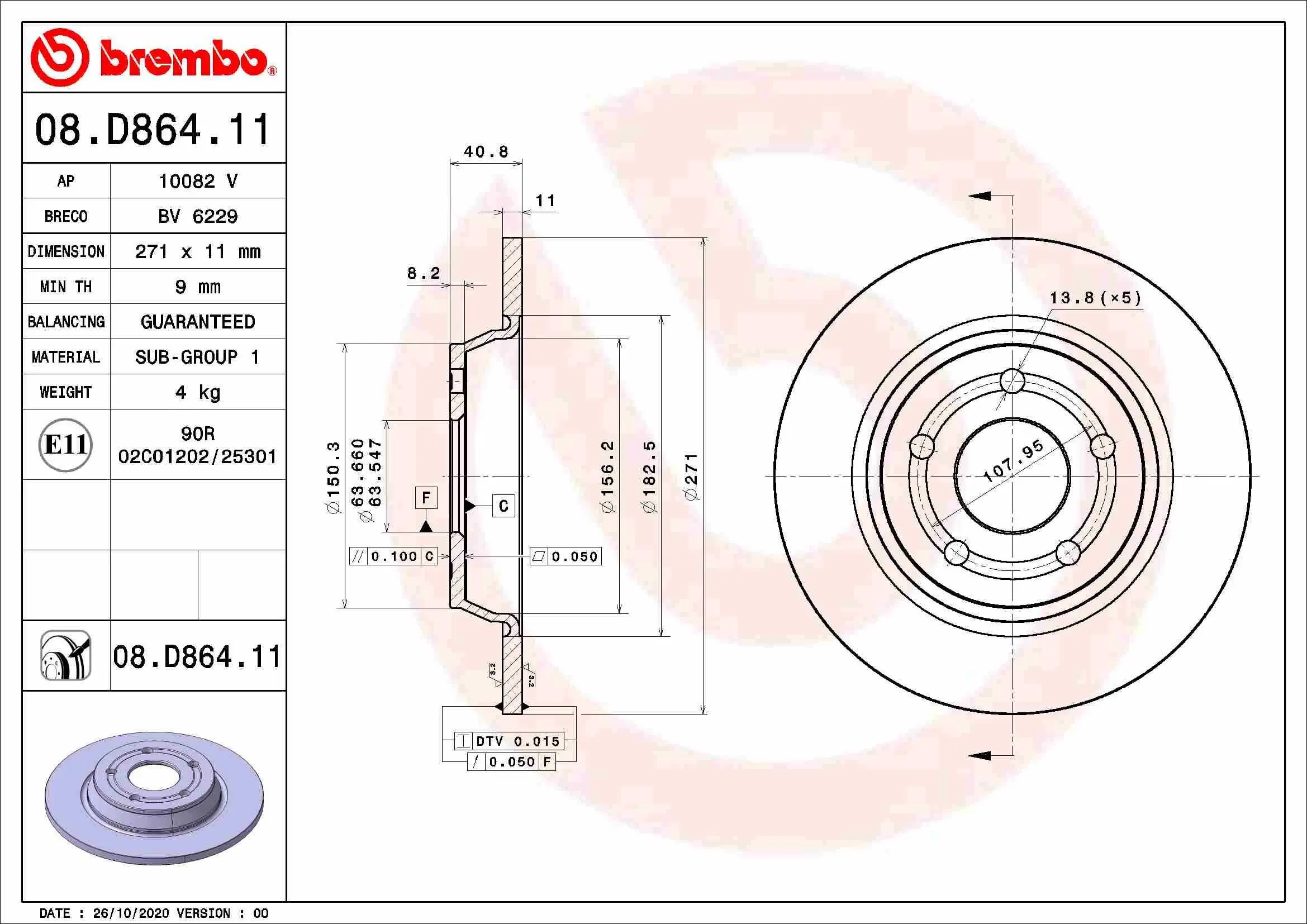 Bremsscheibe Hinterachse BREMBO 08.D864.11