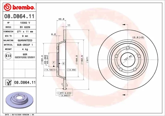 Bremsscheibe Hinterachse BREMBO 08.D864.11 Bild Bremsscheibe Hinterachse BREMBO 08.D864.11