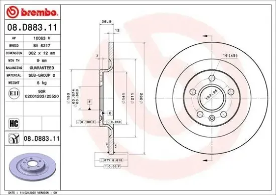 Bremsscheibe Hinterachse BREMBO 08.D883.11 Bild Bremsscheibe Hinterachse BREMBO 08.D883.11