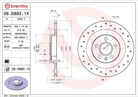Bremsscheibe Hinterachse BREMBO 08.D883.1X Bild Bremsscheibe Hinterachse BREMBO 08.D883.1X
