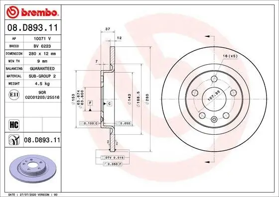 Bremsscheibe Hinterachse BREMBO 08.D893.11