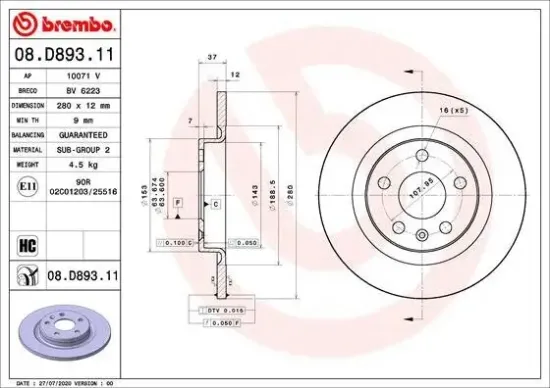 Bremsscheibe Hinterachse BREMBO 08.D893.11 Bild Bremsscheibe Hinterachse BREMBO 08.D893.11