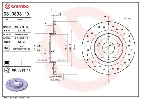 Bremsscheibe Hinterachse BREMBO 08.D893.1X Bild Bremsscheibe Hinterachse BREMBO 08.D893.1X