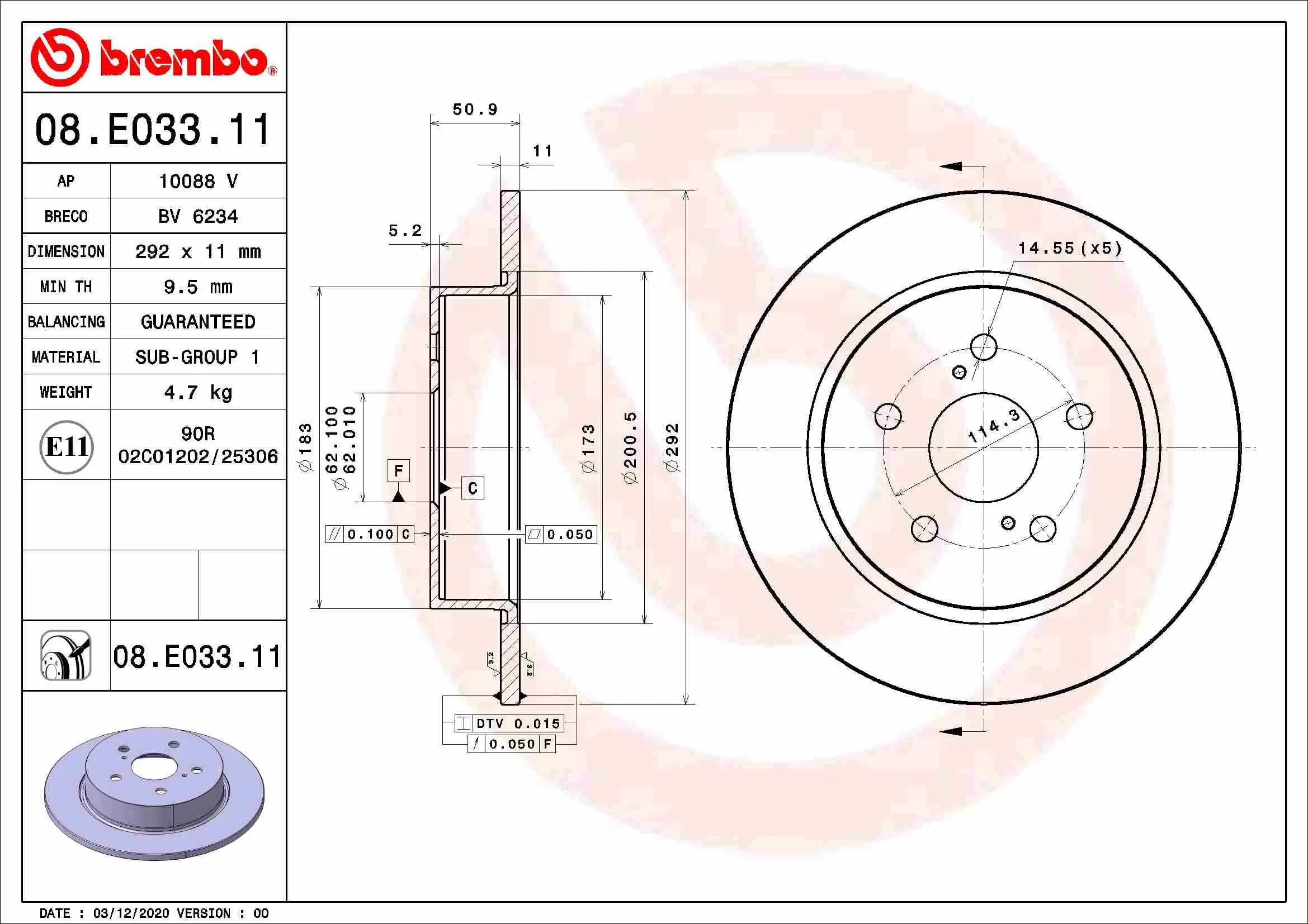 Bremsscheibe Hinterachse BREMBO 08.E033.11