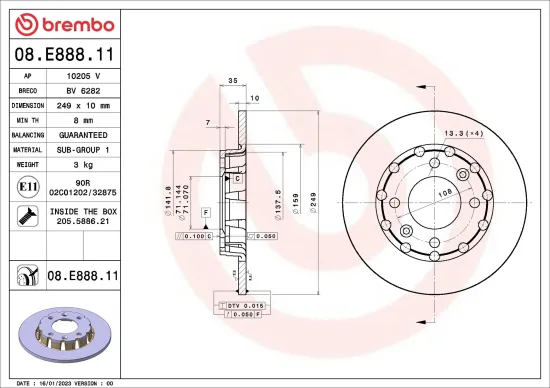 Bremsscheibe Hinterachse BREMBO 08.E888.11 Bild Bremsscheibe Hinterachse BREMBO 08.E888.11
