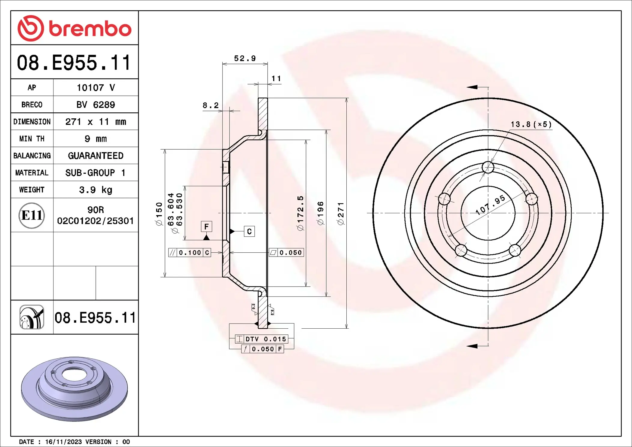 Bremsscheibe Hinterachse BREMBO 08.E955.11