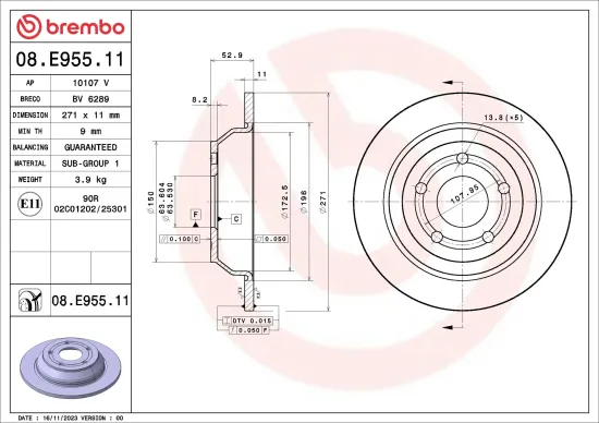 Bremsscheibe Hinterachse BREMBO 08.E955.11 Bild Bremsscheibe Hinterachse BREMBO 08.E955.11
