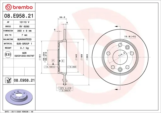 Bremsscheibe Hinterachse BREMBO 08.E958.21 Bild Bremsscheibe Hinterachse BREMBO 08.E958.21